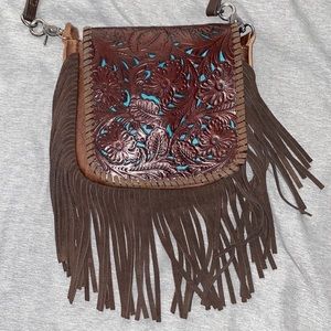 Small Western Tooled Fringe Crossbody with Turquoise